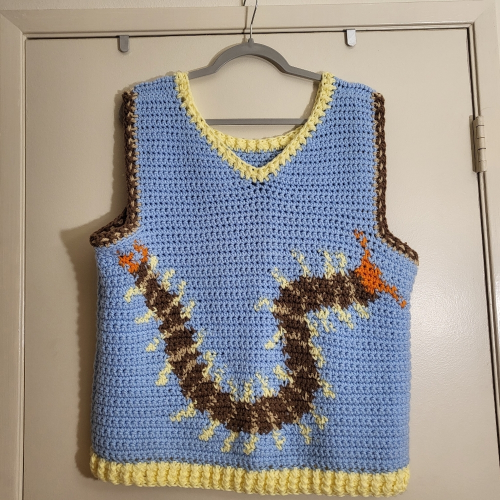 Handmade Blue, Butter Yellow & Brown Chunky Crochet Vest Centipede L/XL Unisex